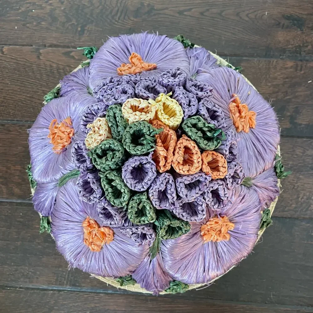 Vintage Straw Basket Raffia Flowers Covered Dome Lid Large Sewing Boho Grandma
